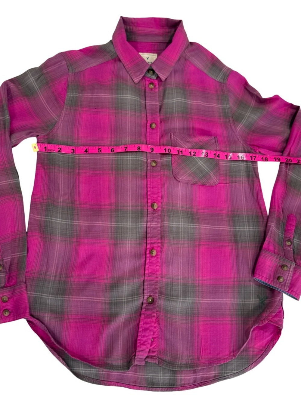 American Eagle Vintage Boyfriend Pink Gray Plaid Flannel Button-Down XS - Picture 12 of 14